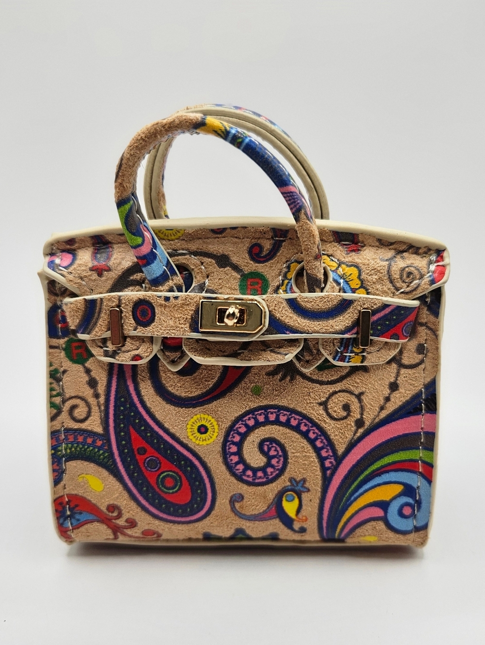 Cork Paisley Print Beige Mini  Bag with Gold Hardware